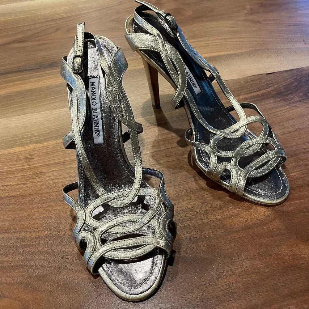 Vintage Manolo Blahnik Metallic Gold Strappy High Heel Sandals
